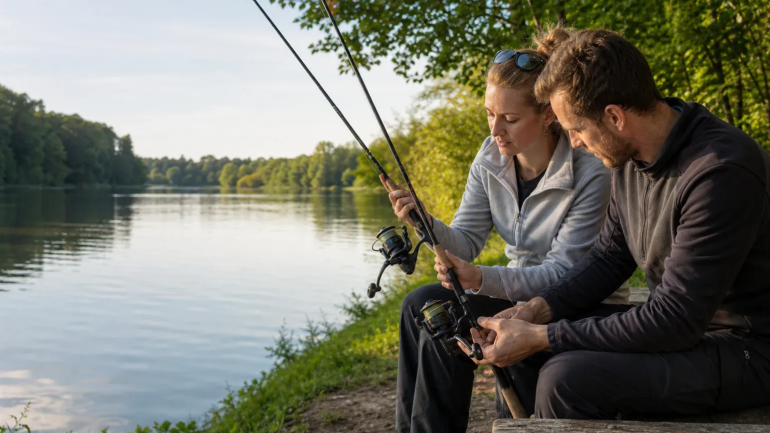 Anglerin und Angler vergleichen zwei Spinnruten mit Rollen am See