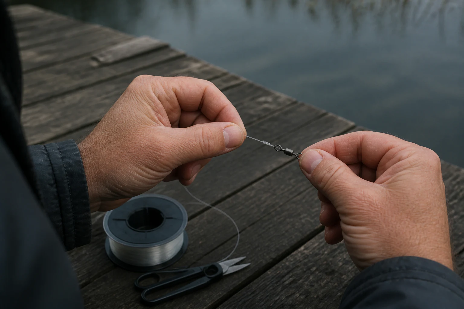 Angler zieht einen Angelknoten zwischen monofilem Vorfach und Wirbel fest
