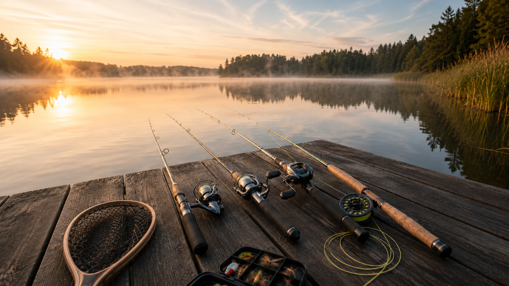 Spinnruten, Baitcastrute und Fliegenrute mit Rollen auf einem Holzsteg an einem See bei Sonnenaufgang