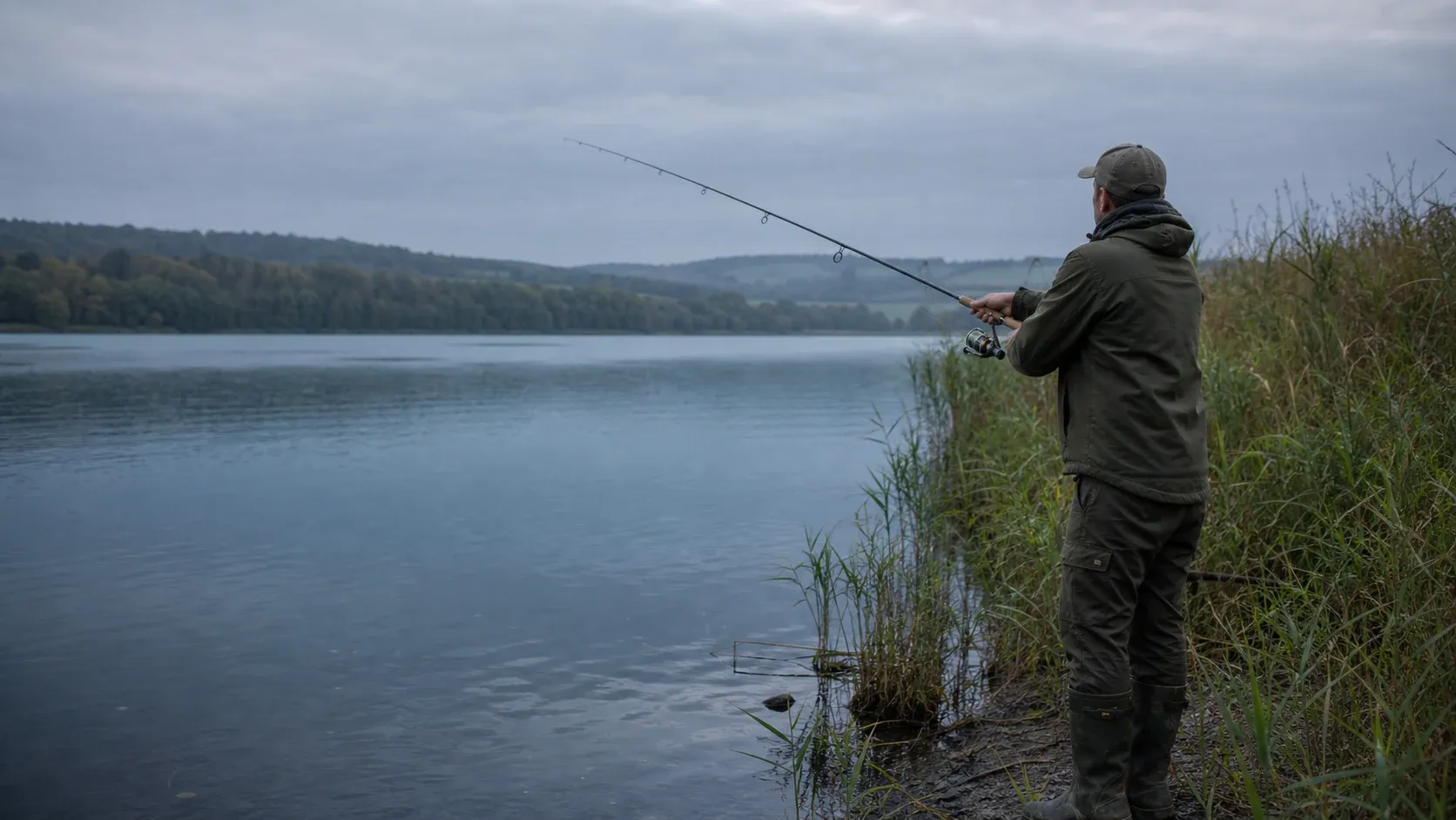 Angler beim Spinnfischen an einem ruhigen See